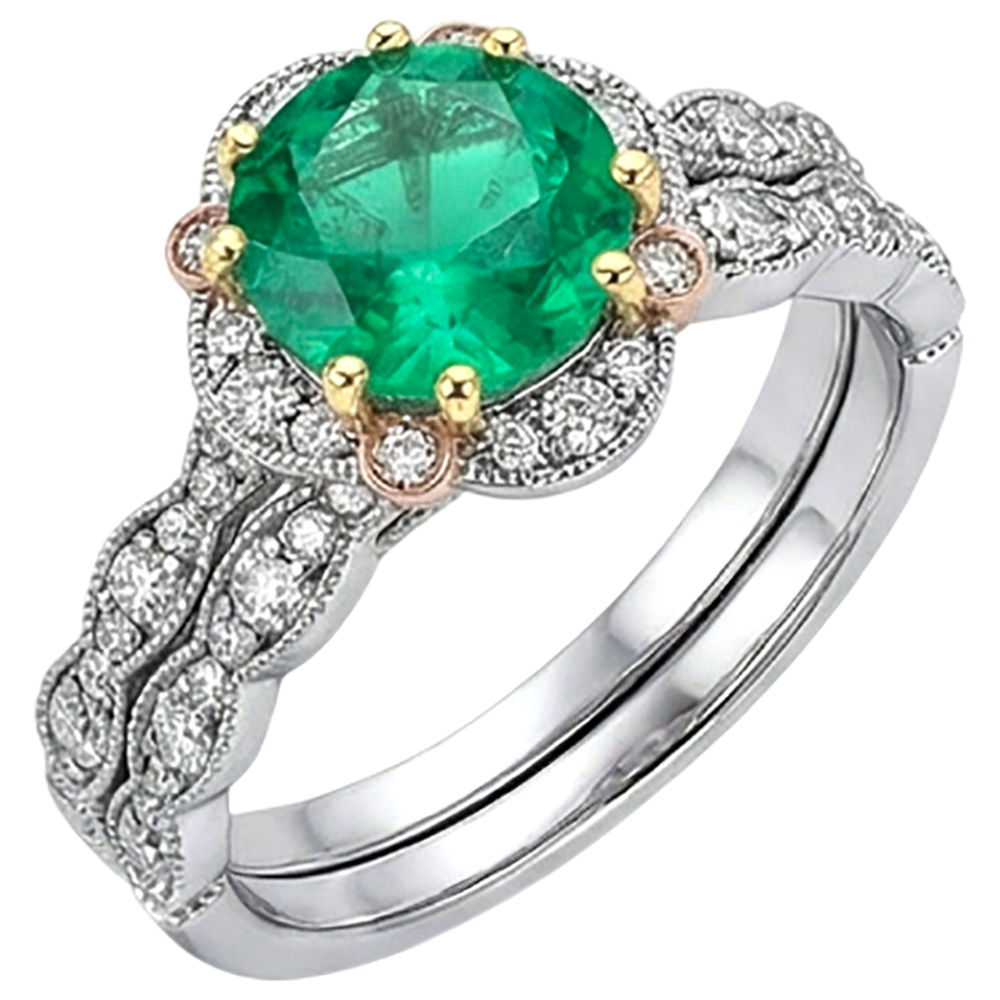 Smeraldo Fine Taglio Rotondo Anello con Pietra Preziosa in 14K – vista frontale