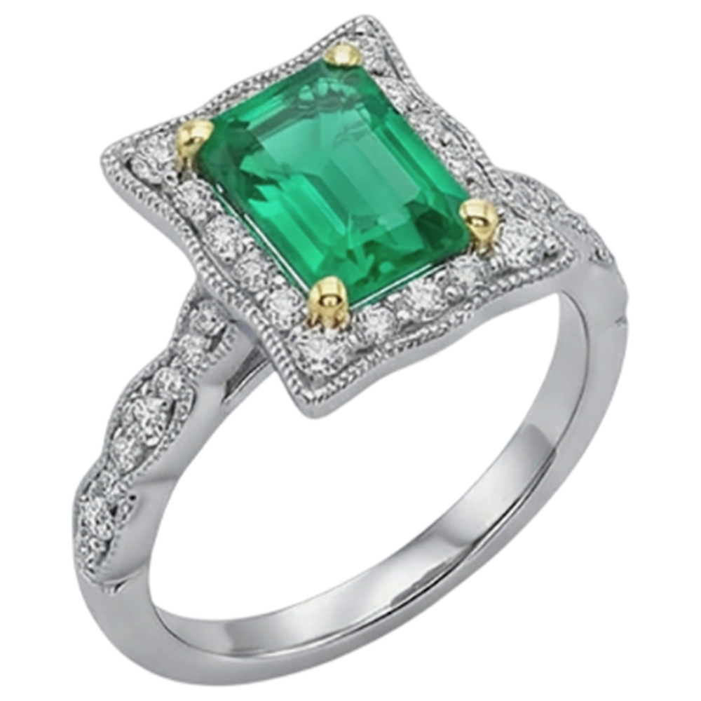 Taglio a Gradini Smeraldo Fine anello in Oro Due Toni 14K – vista frontale
