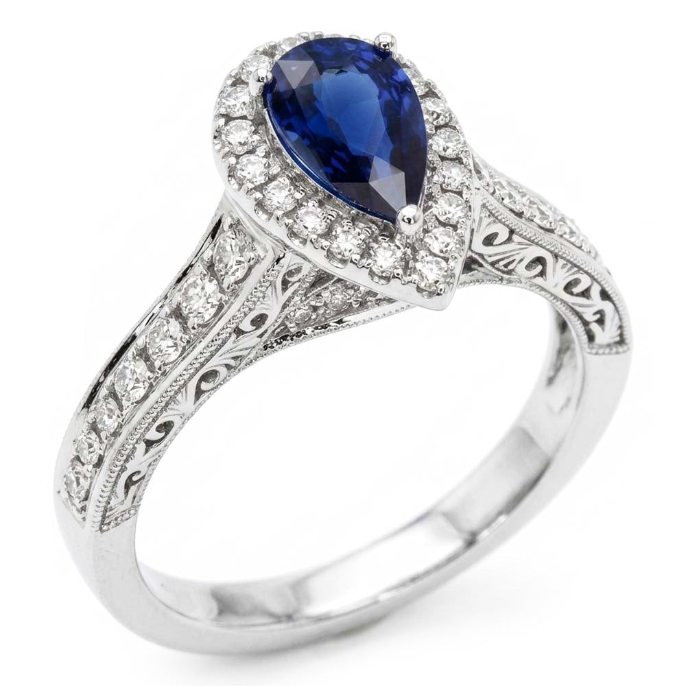 Halo Anello Zaffiro Ceylon Taglio Pera Stile Antico Diamanti Naturali Autentici ( non creati in laboratorio )