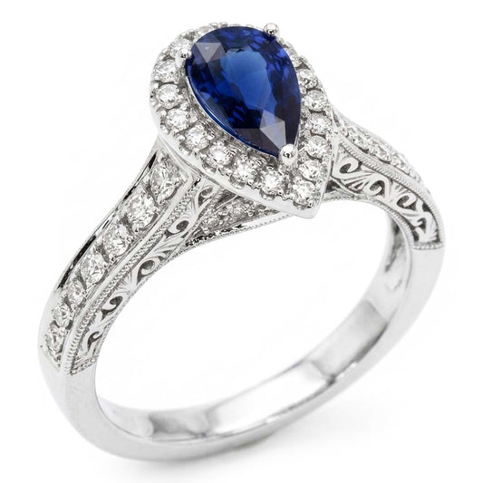 Halo Anello Zaffiro Ceylon Taglio Pera Stile Antico Diamanti Naturali Autentici ( non creati in laboratorio )