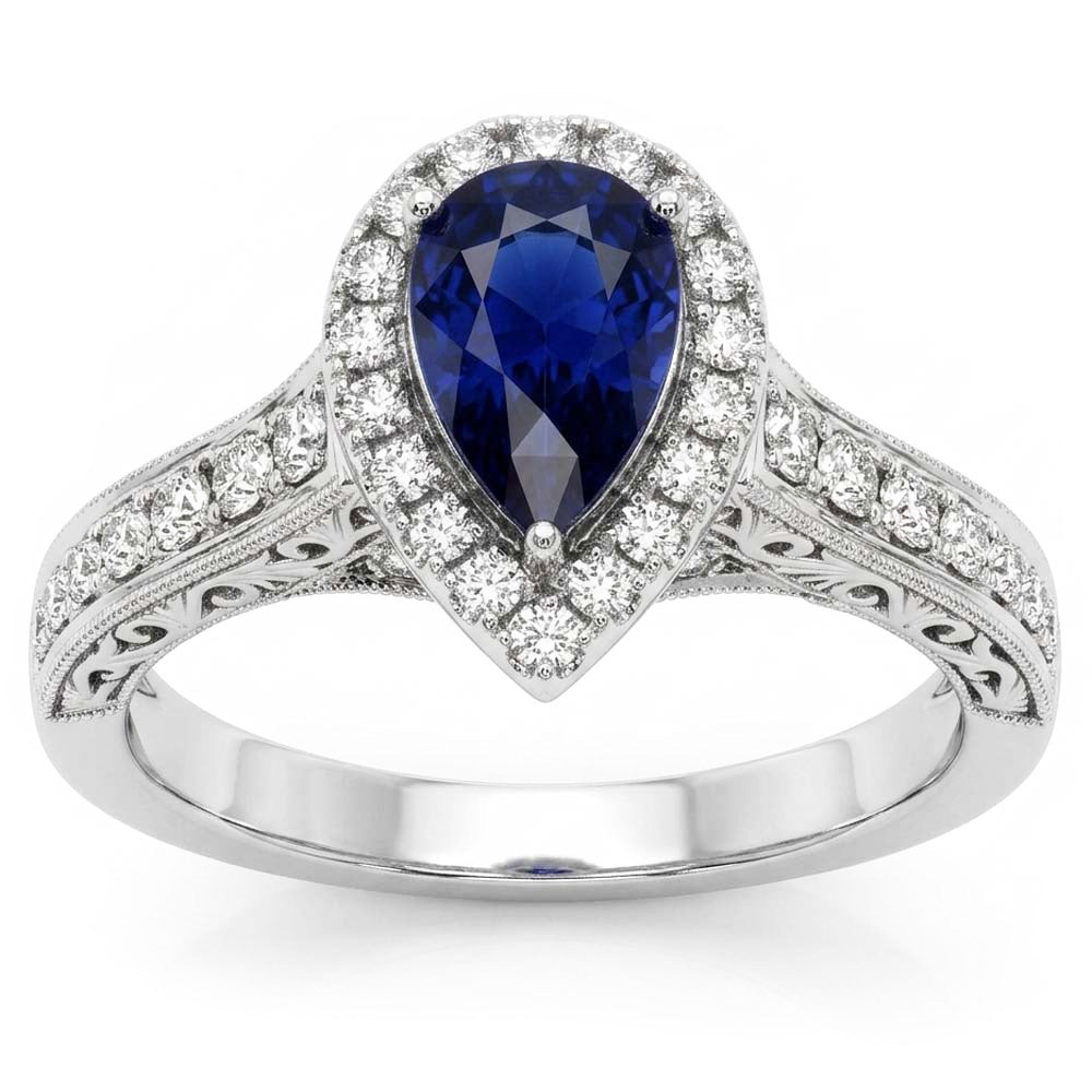 Halo Anello Zaffiro Ceylon Taglio Pera Stile Antico Diamanti Naturali Autentici ( non creati in laboratorio )