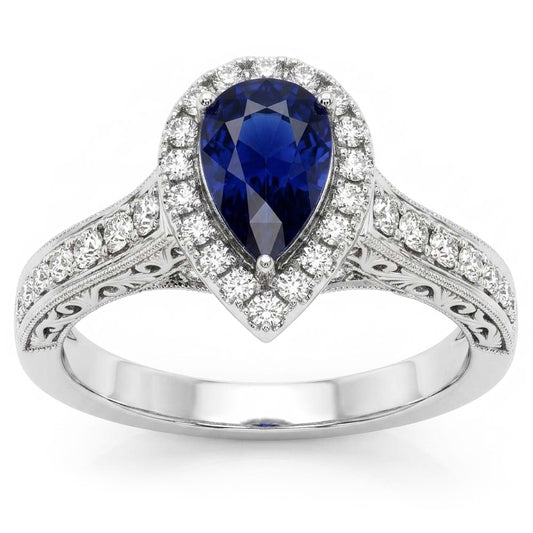Halo Anello Zaffiro Ceylon Taglio Pera Stile Antico Diamanti Naturali Autentici ( non creati in laboratorio )