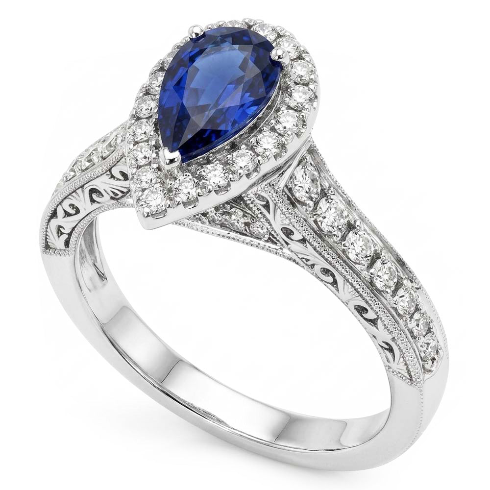 Halo Anello Zaffiro Ceylon Taglio Pera Stile Antico Diamanti Naturali Autentici ( non creati in laboratorio )