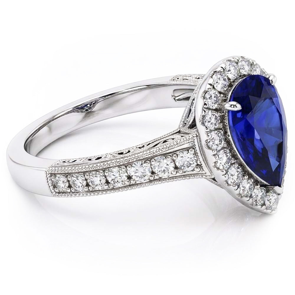 Halo Anello Zaffiro Ceylon Taglio Pera Stile Antico Diamanti Naturali Autentici ( non creati in laboratorio )