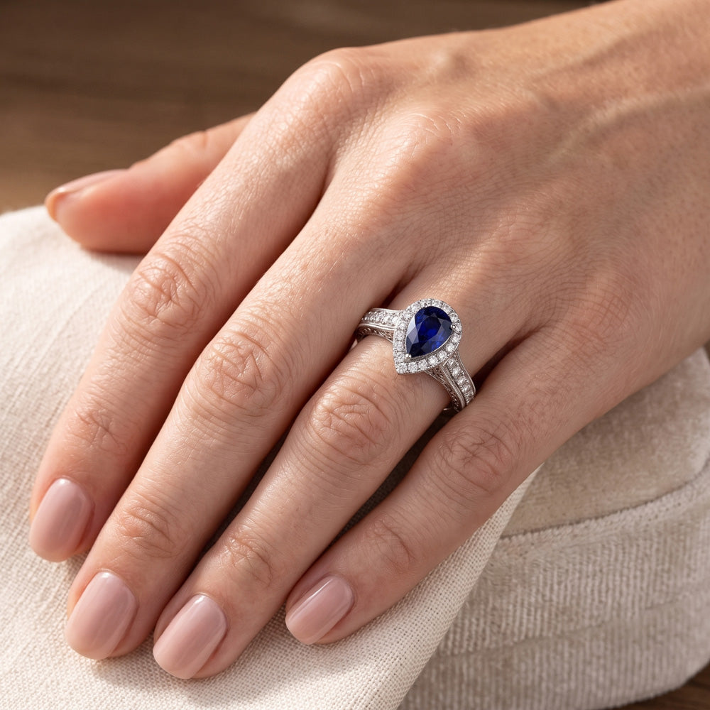 Halo Anello Zaffiro Ceylon Taglio Pera Stile Antico Diamanti Naturali Autentici ( non creati in laboratorio )