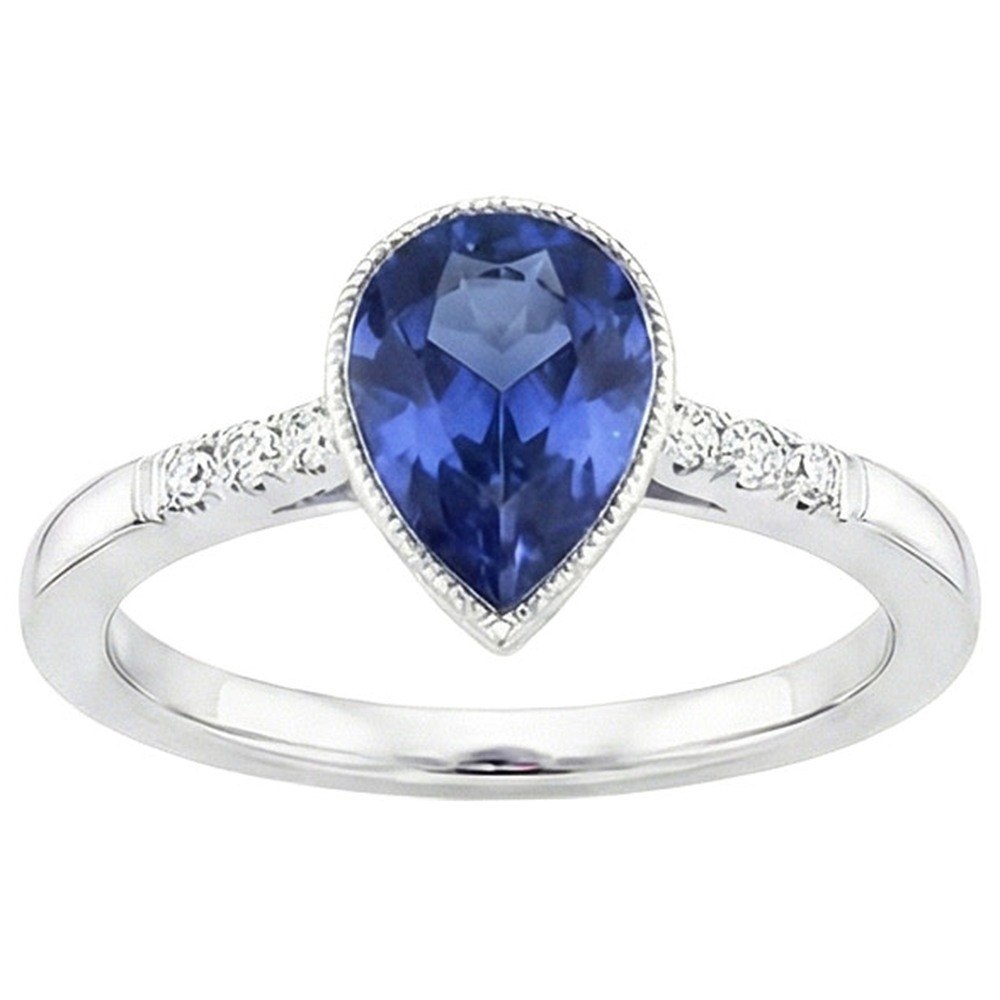 Halo Bezel Set Anello Pera Zaffiro Sri Lanka e Diamanti 2.50 Carati