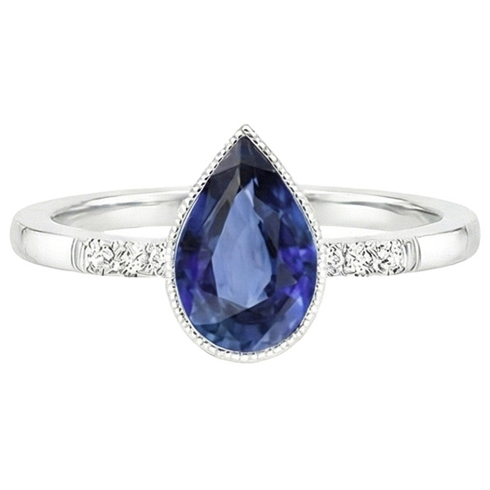 Halo Bezel Set Anello Pera Zaffiro Sri Lanka e Diamanti 2.50 Carati