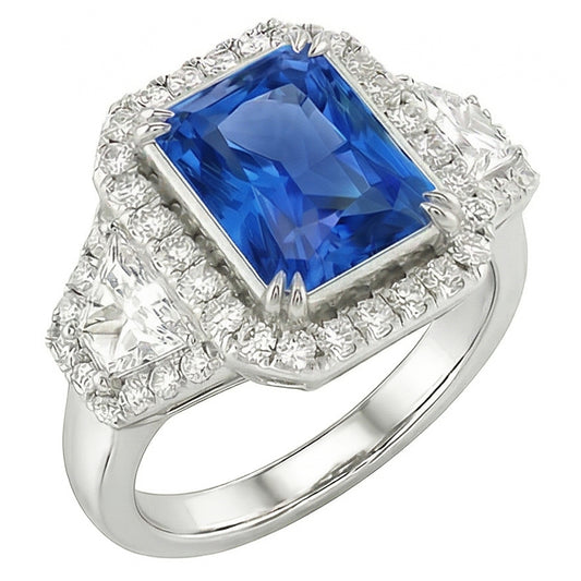 Halo Bezel Set Anello con zaffiro blu 4.50 carati Trapezio e diamante rotondo