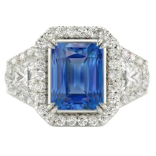 Halo Bezel Set Anello con zaffiro blu 4.50 carati Trapezio e diamante rotondo