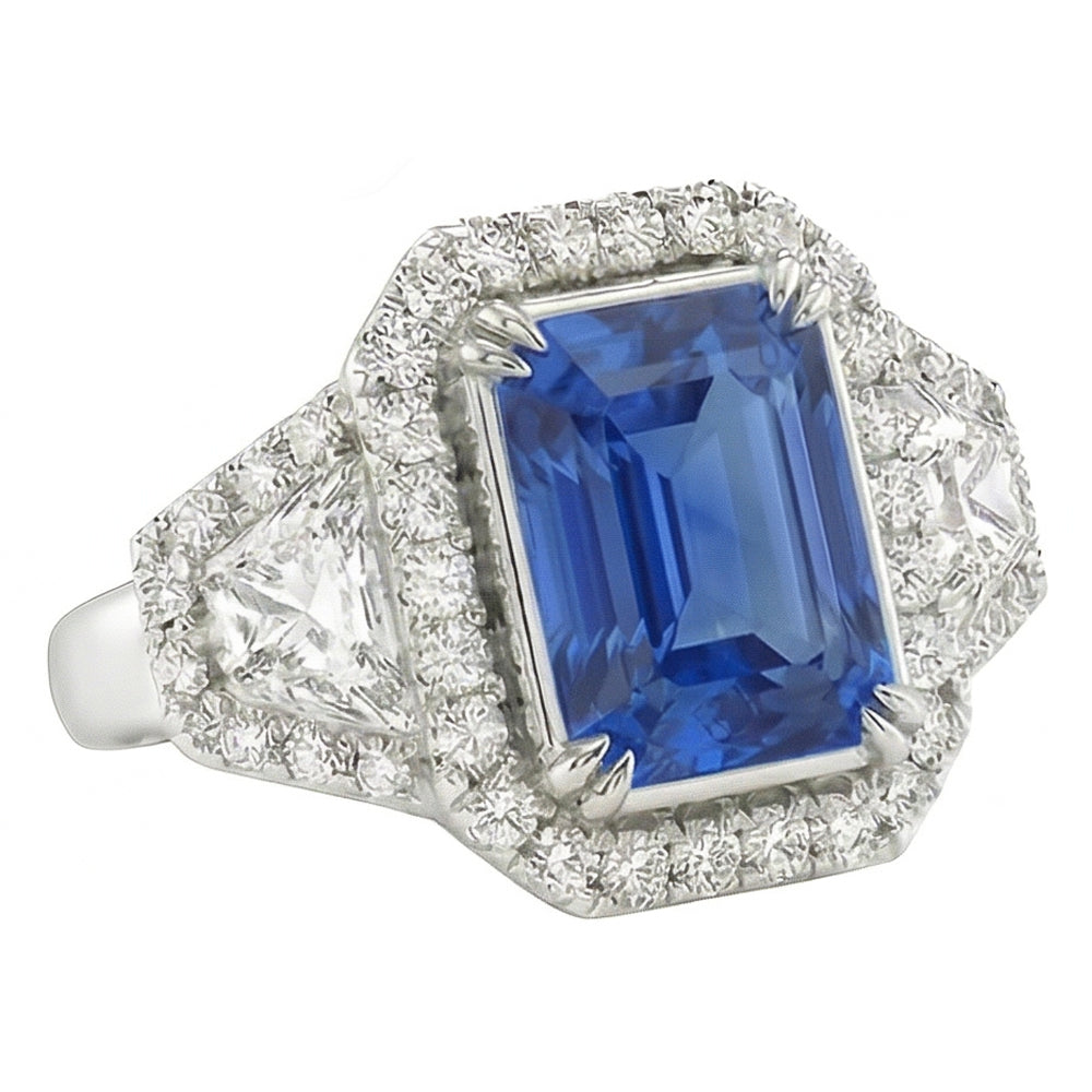 Halo Bezel Set Anello con zaffiro blu 4.50 carati Trapezio e diamante rotondo