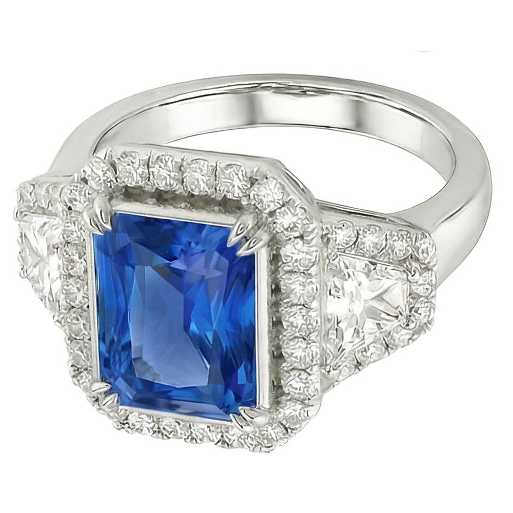 Halo Bezel Set Anello con zaffiro blu 4.50 carati Trapezio e diamante rotondo