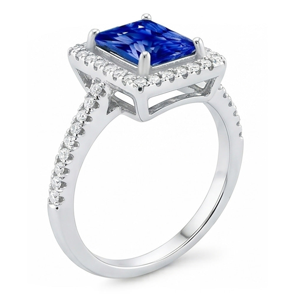 Halo Blue Sapphire Anello Di Fidanzamento Radiante & Diamanti Naturali Autentici ( non creati in laboratorio ) 3.50 Carati