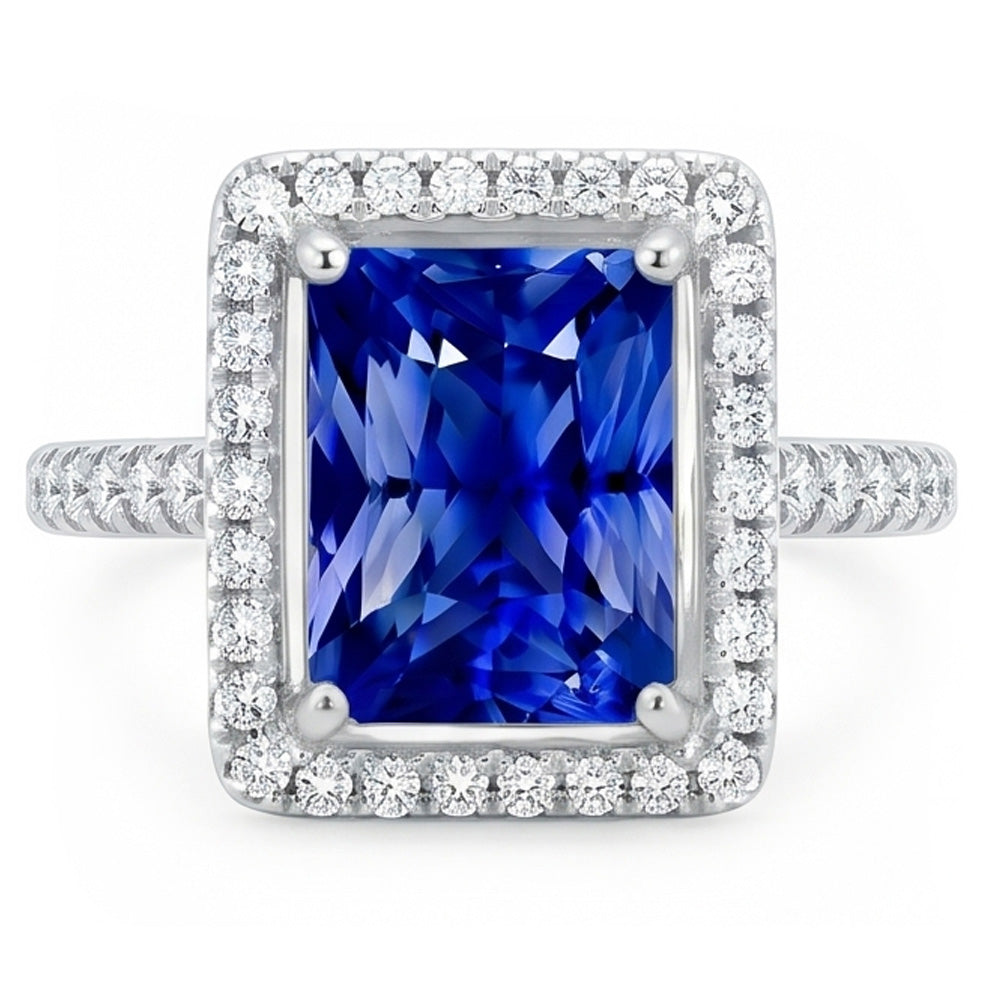 Halo Blue Sapphire Anello Di Fidanzamento Radiante & Diamanti Naturali Autentici ( non creati in laboratorio ) 3.50 Carati