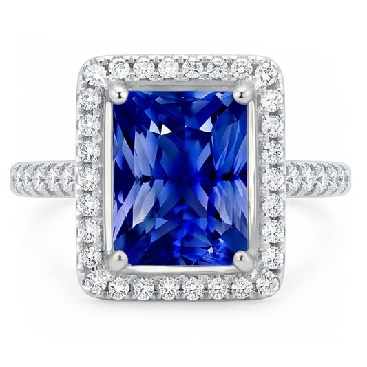 Halo Blue Sapphire Anello Di Fidanzamento Radiante & Diamanti Naturali Autentici ( non creati in laboratorio ) 3.50 Carati