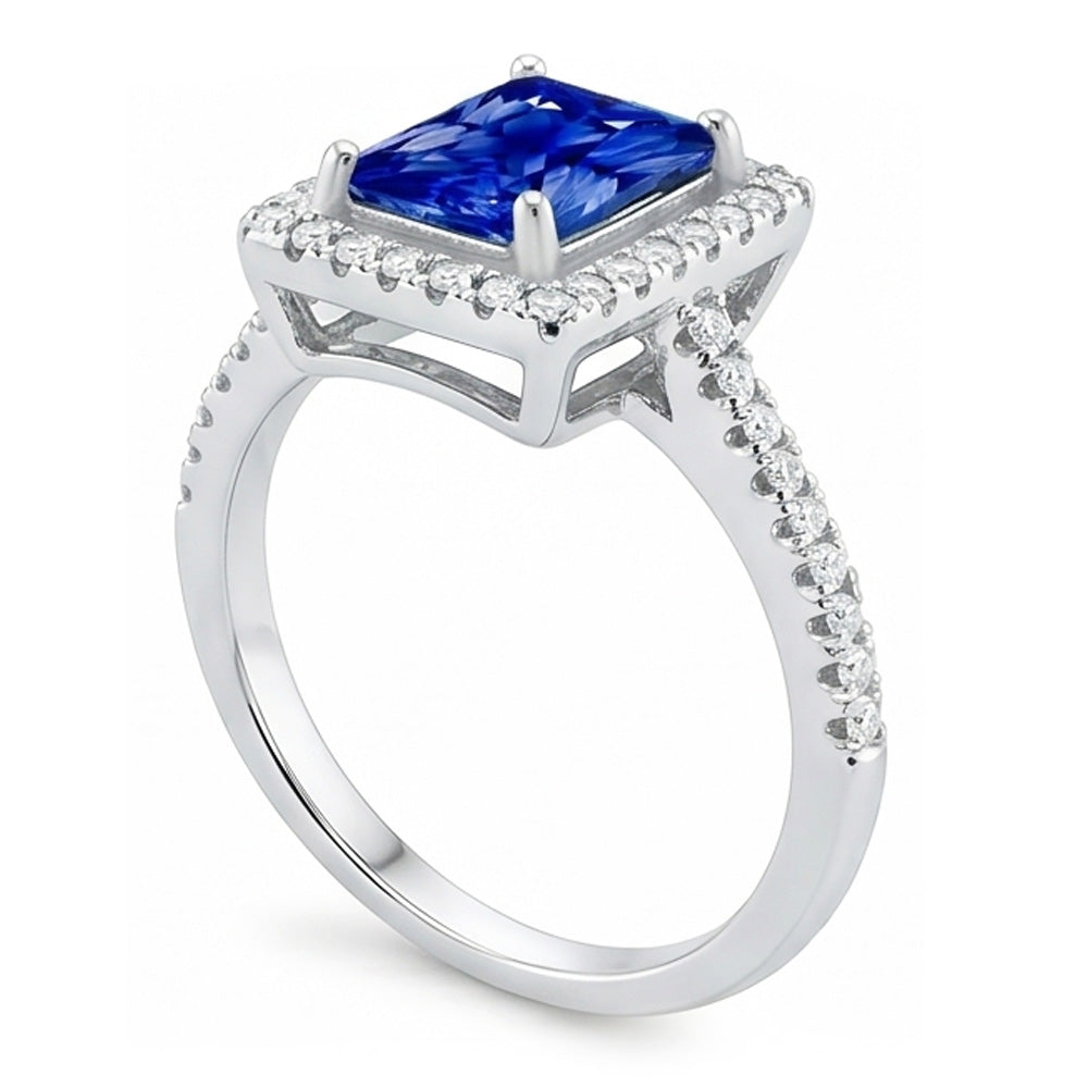 Halo Blue Sapphire Anello Di Fidanzamento Radiante & Diamanti Naturali Autentici ( non creati in laboratorio ) 3.50 Carati