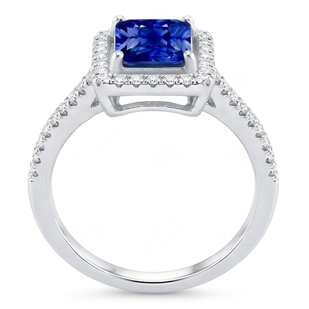 Halo Blue Sapphire Anello Di Fidanzamento Radiante & Diamanti Naturali Autentici ( non creati in laboratorio ) 3.50 Carati