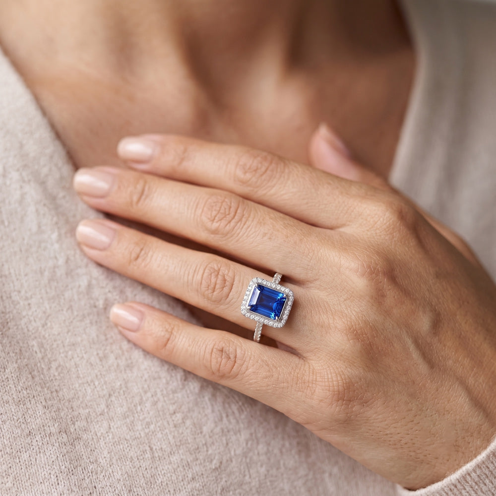 Halo Blue Sapphire Anello Di Fidanzamento Radiante & Diamanti Naturali Autentici ( non creati in laboratorio ) 3.50 Carati