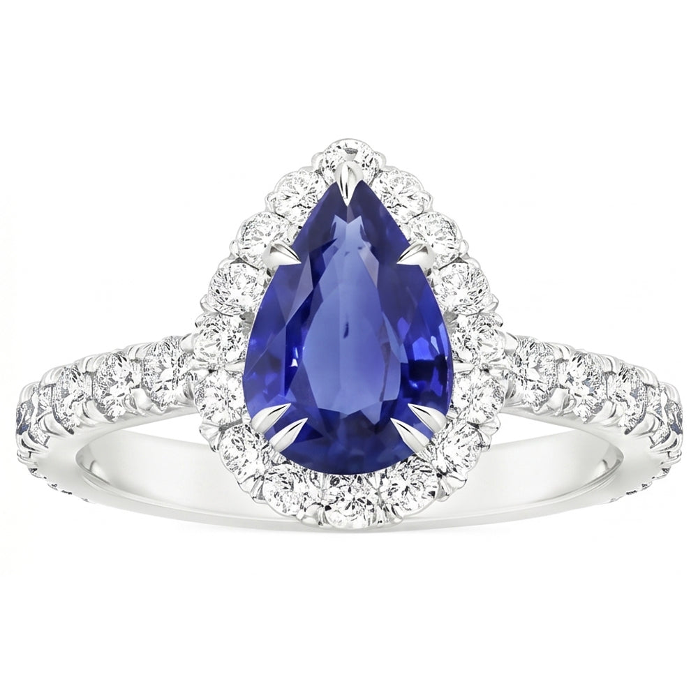 Halo Diamond Anello di pietre preziose Pera Ceylon Zaffiro Artiglio Prong Set 6 Carati