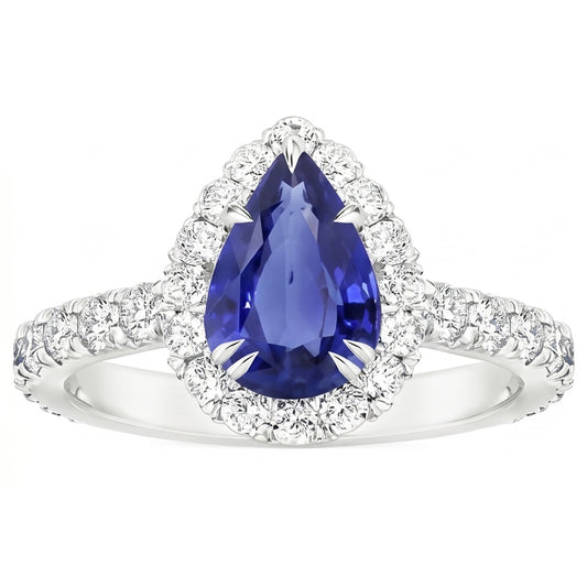 Halo Diamond Anello di pietre preziose Pera Ceylon Zaffiro Artiglio Prong Set 6 Carati