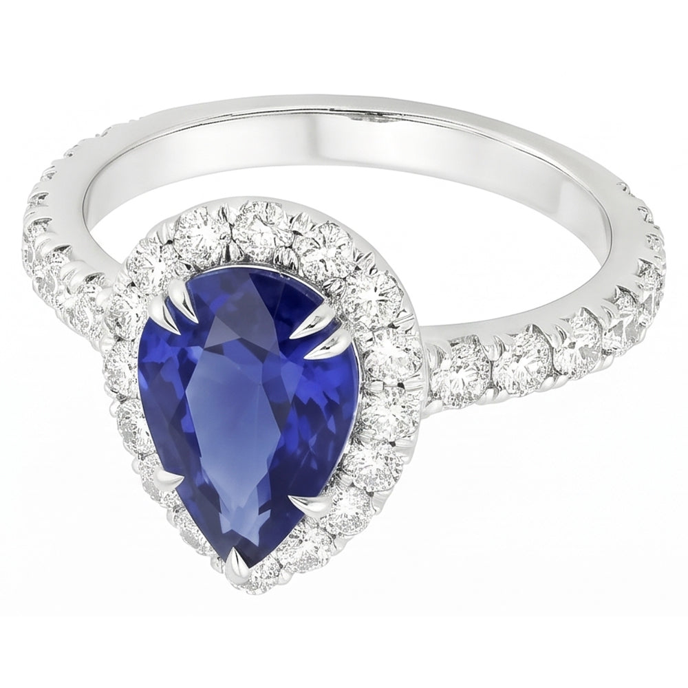 Halo Diamond Anello di pietre preziose Pera Ceylon Zaffiro Artiglio Prong Set 6 Carati