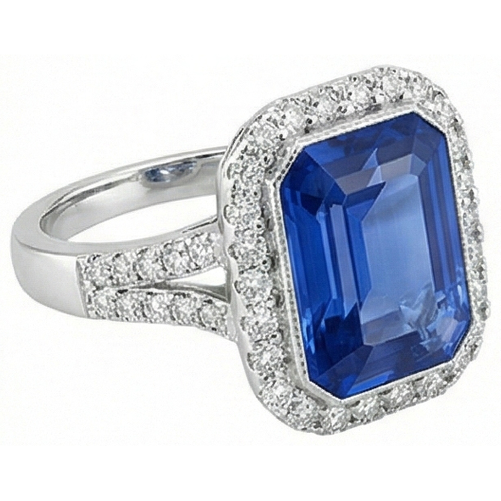 Halo Diamond Bezel Set Anello di fidanzamento con zaffiro blu smeraldo 4 carati