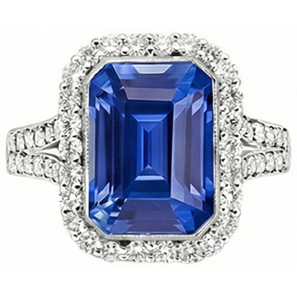 Halo Diamond Bezel Set Anello di fidanzamento con zaffiro blu smeraldo 4 carati