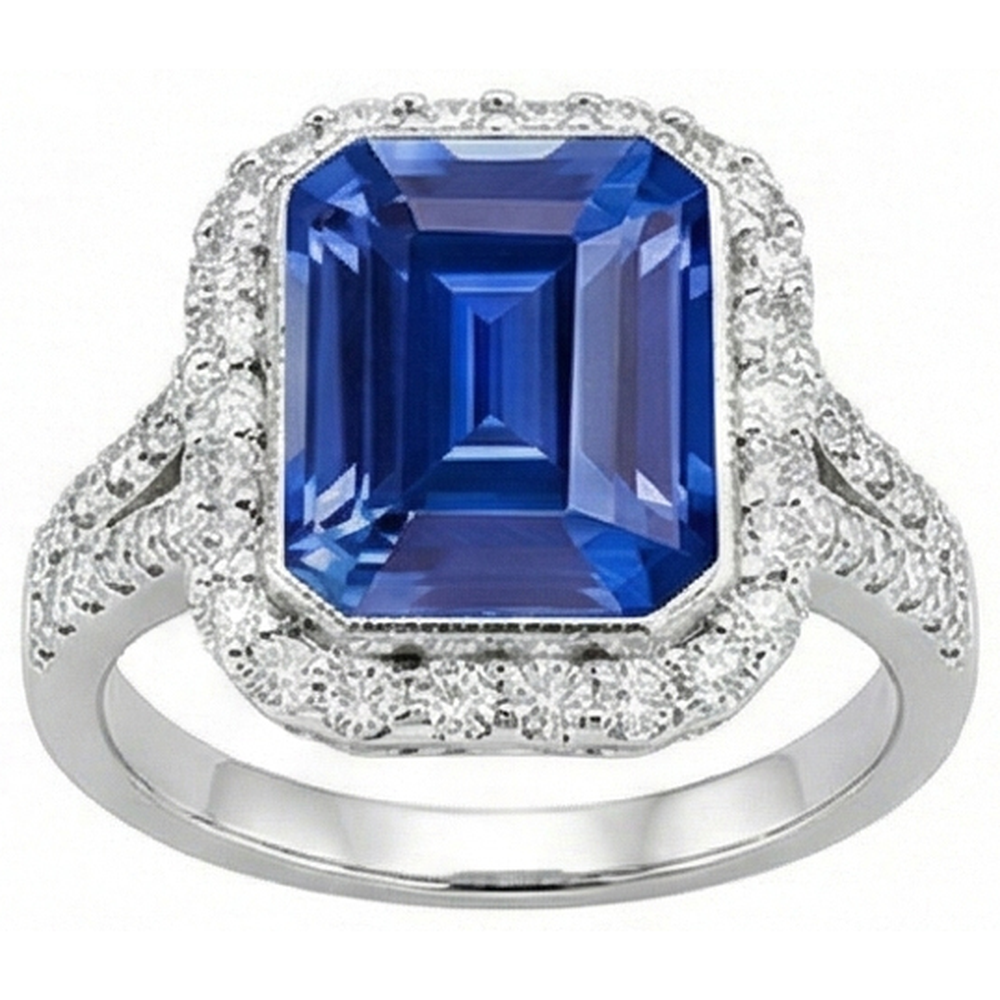 Halo Diamond Bezel Set Anello di fidanzamento con zaffiro blu smeraldo 4 carati