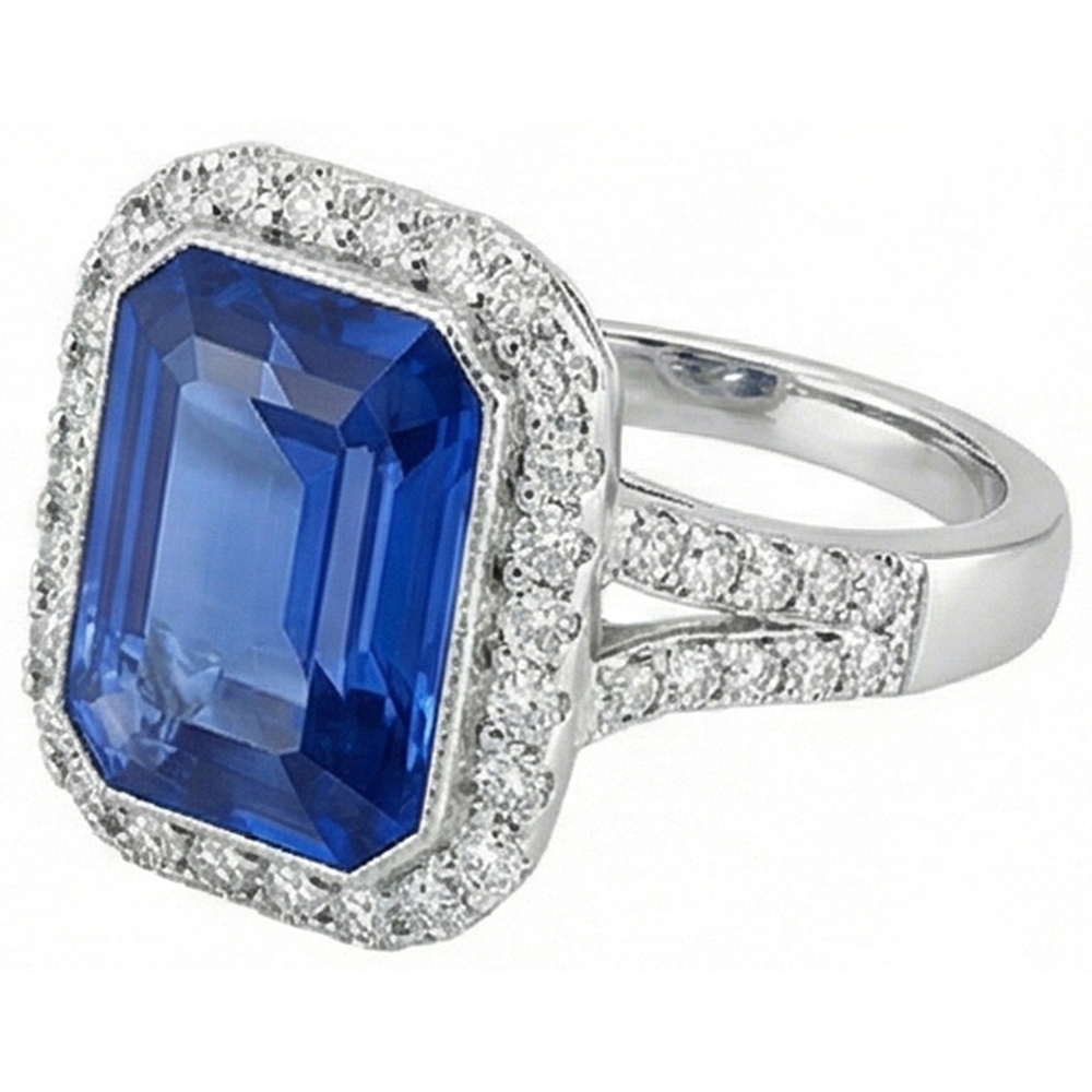 Halo Diamond Bezel Set Anello di fidanzamento con zaffiro blu smeraldo 4 carati