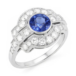 Halo Diamond Ring Bezel Set Zaffiro Ceylon 2.50 Carati Milgrain Shank