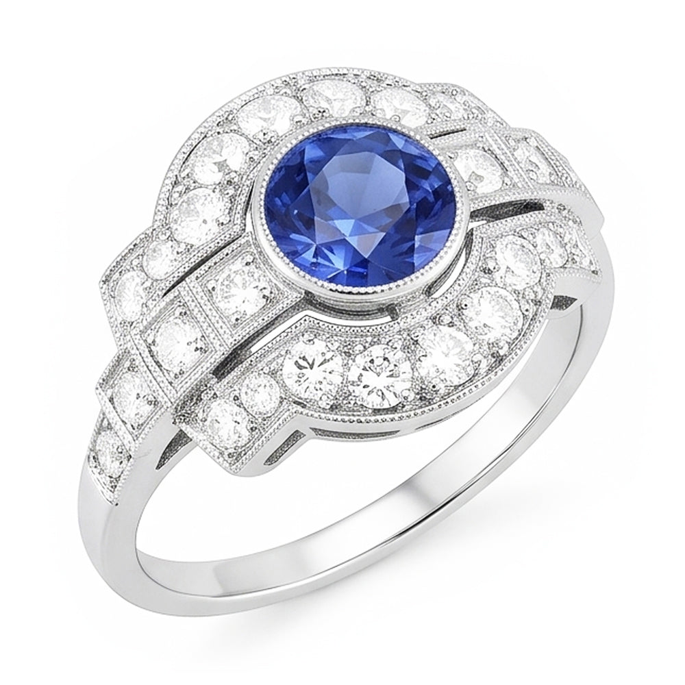 Halo Diamond Ring Bezel Set Zaffiro Ceylon 2.50 Carati Milgrain Shank