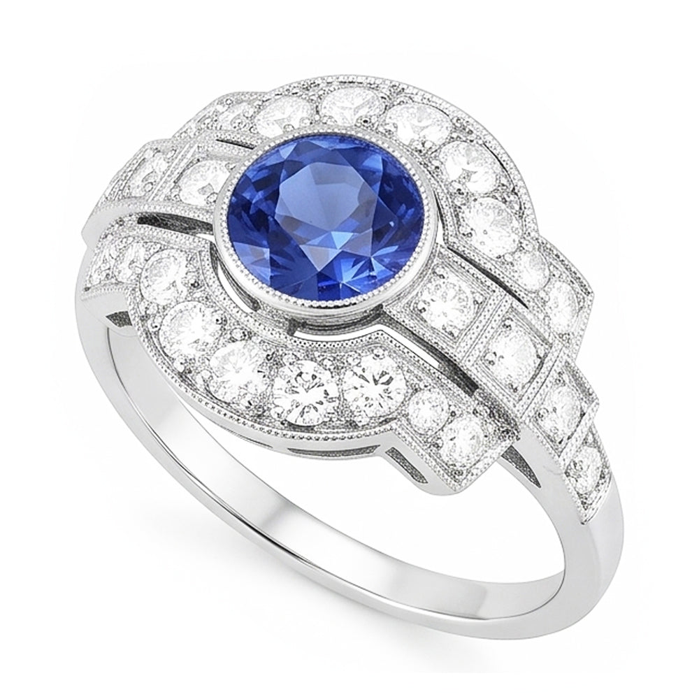 Halo Diamond Ring Bezel Set Zaffiro Ceylon 2.50 Carati Milgrain Shank
