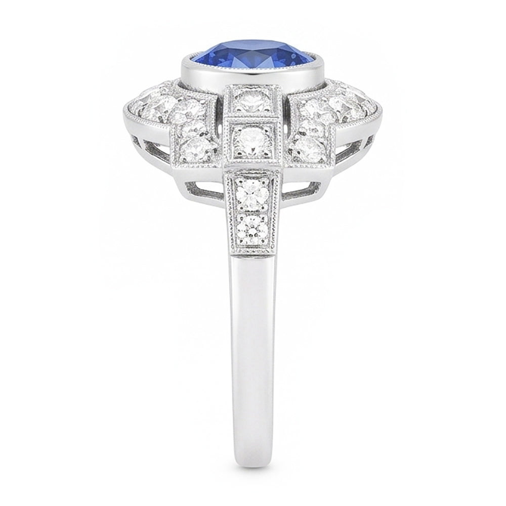 Halo Diamond Ring Bezel Set Zaffiro Ceylon 2.50 Carati Milgrain Shank