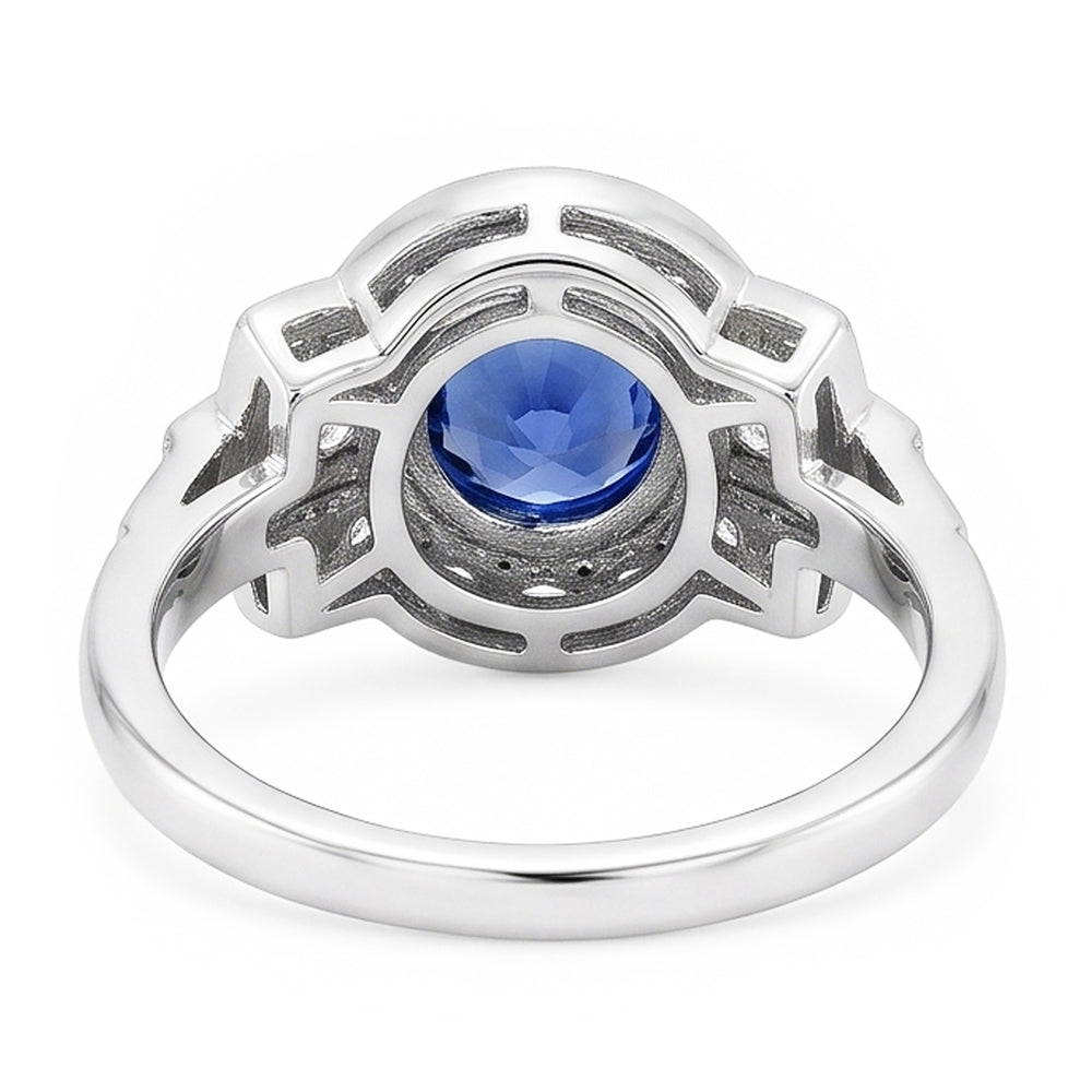 Halo Diamond Ring Bezel Set Zaffiro Ceylon 2.50 Carati Milgrain Shank