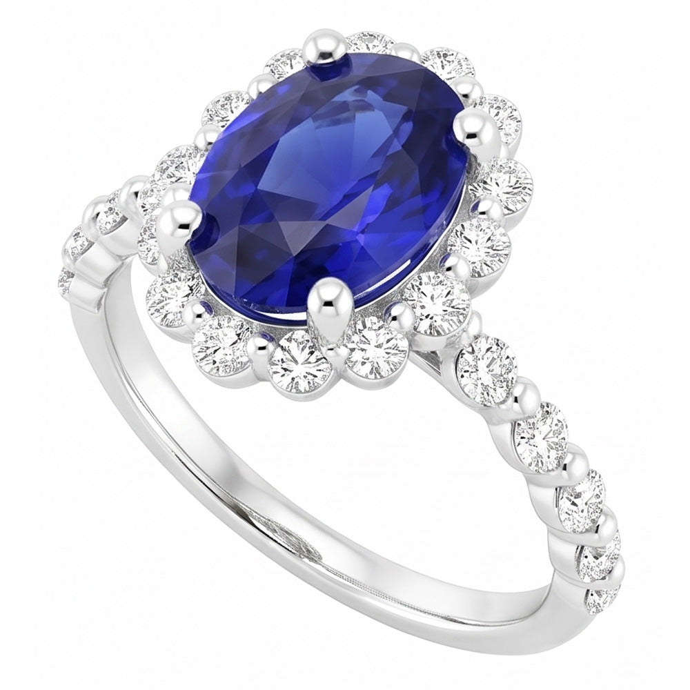 Halo Diamond Ring Flower Style Sri Lankan Zaffiro 4 Carati