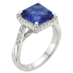 Halo Diamond Ring Square Shape Ceylon Blue Sapphire Center 4 Carati