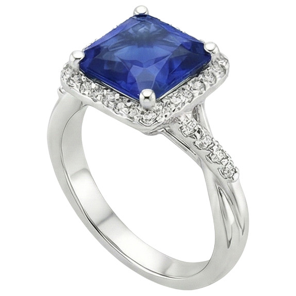 Halo Diamond Ring Square Shape Ceylon Blue Sapphire Center 4 Carati