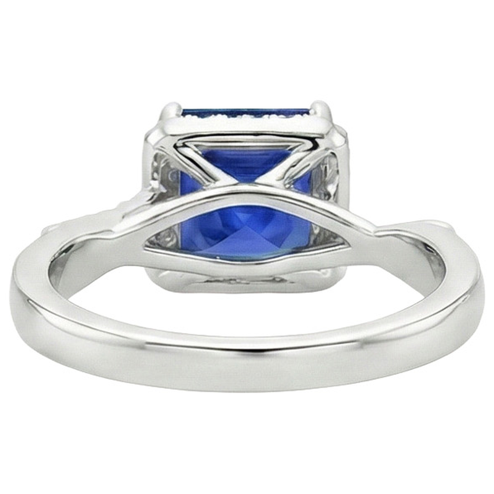 Halo Diamond Ring Square Shape Ceylon Blue Sapphire Center 4 Carati