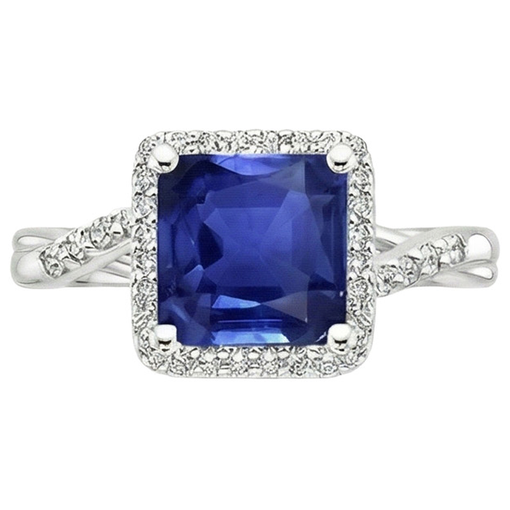Halo Diamond Ring Square Shape Ceylon Blue Sapphire Center 4 Carati