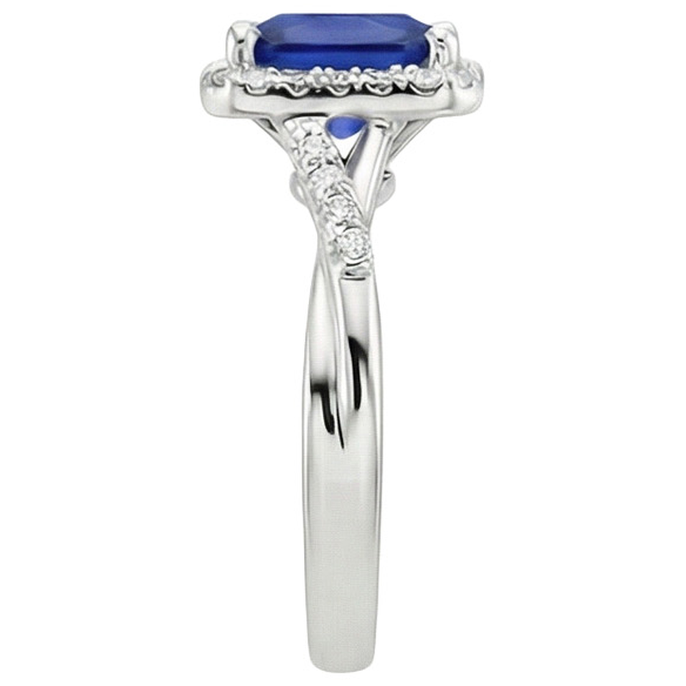 Halo Diamond Ring Square Shape Ceylon Blue Sapphire Center 4 Carati