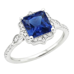 Halo Diamond Ring Vintage Style Ceylon Sapphire Princess Cut 6 Carati