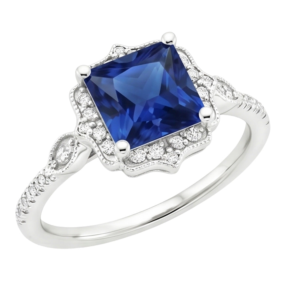 Halo Diamond Ring Vintage Style Ceylon Sapphire Princess Cut 6 Carati