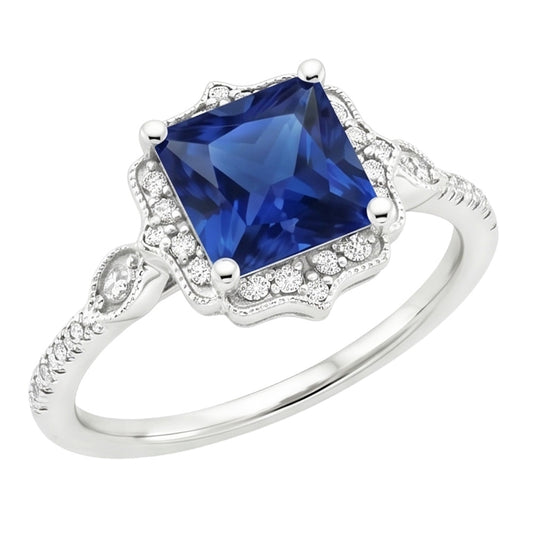Halo Diamond Ring Vintage Style Ceylon Sapphire Princess Cut 6 Carati