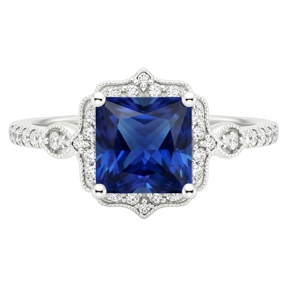 Halo Diamond Ring Vintage Style Ceylon Sapphire Princess Cut 6 Carati