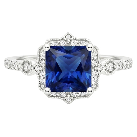Halo Diamond Ring Vintage Style Ceylon Sapphire Princess Cut 6 Carati