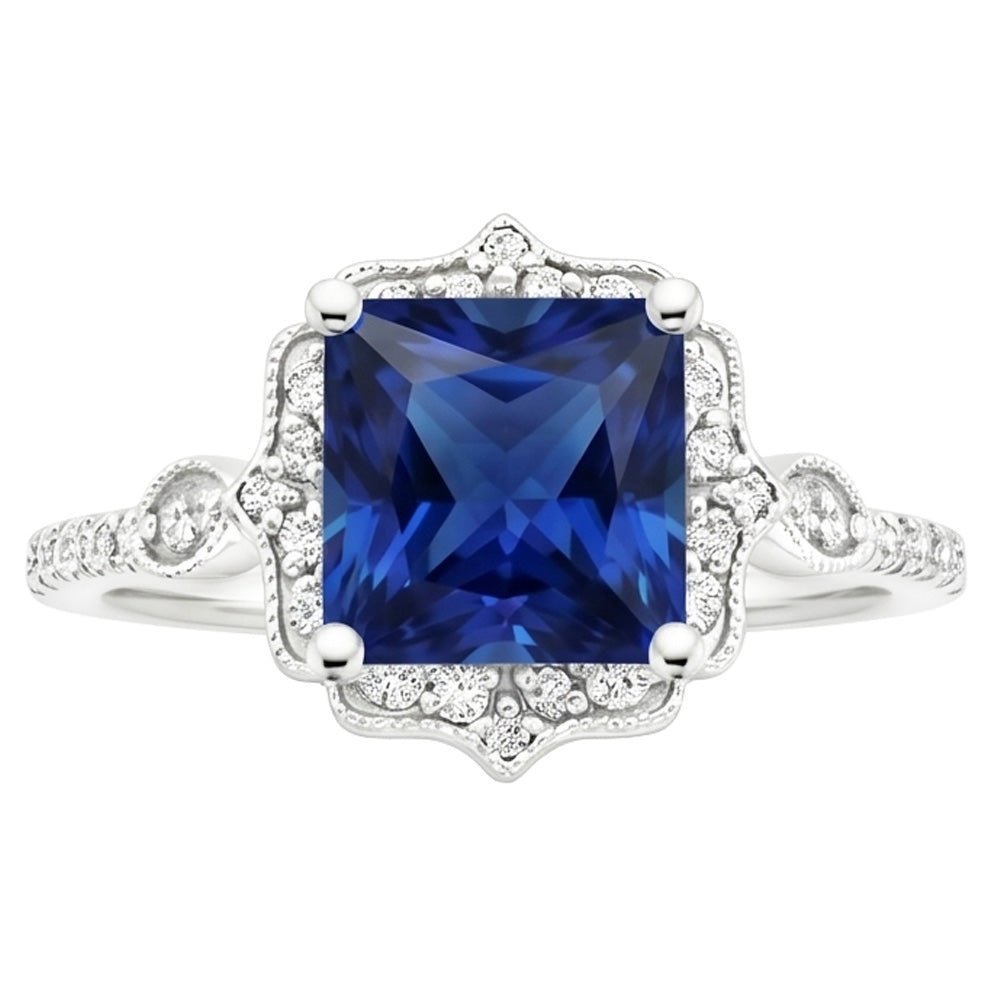 Halo Diamond Ring Vintage Style Ceylon Sapphire Princess Cut 6 Carati