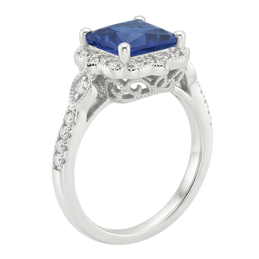 Halo Diamond Ring Vintage Style Ceylon Sapphire Princess Cut 6 Carati