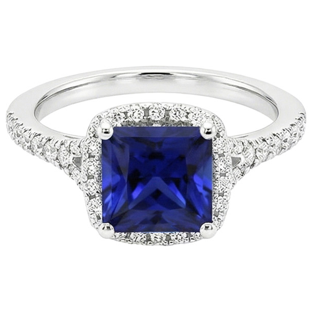 Halo Diamond & Blue Sapphire Ring con accenti V Split Shank 6 carati