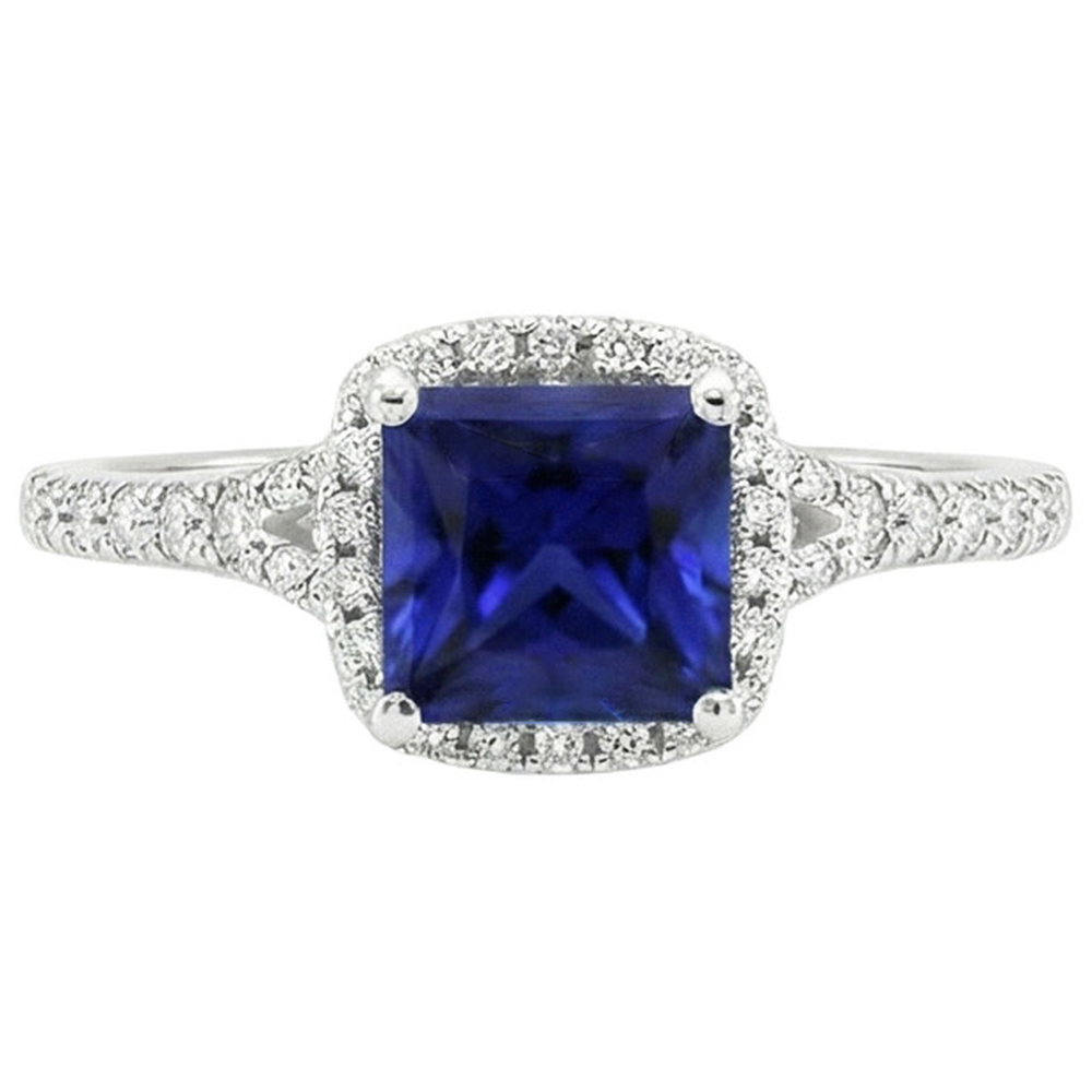 Halo Diamond & Blue Sapphire Ring con accenti V Split Shank 6 carati