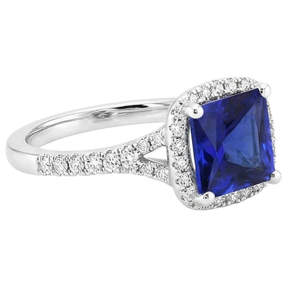 Halo Diamond & Blue Sapphire Ring con accenti V Split Shank 6 carati
