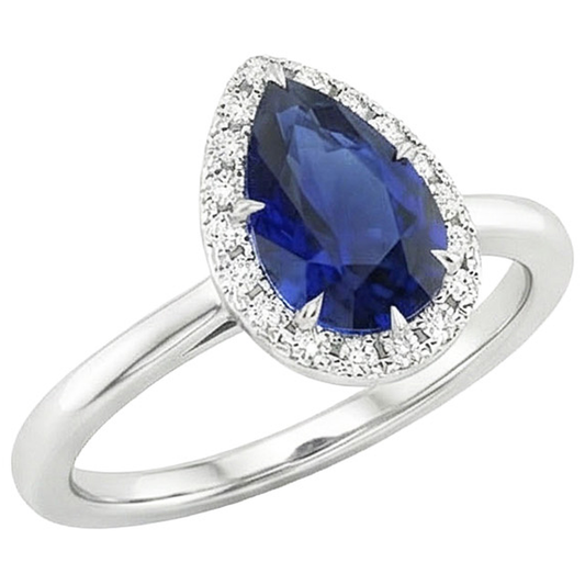 Halo Fidanzamento Diamante Pera Anello Zaffiro Ceylon 5 Carati Oro Bianco
